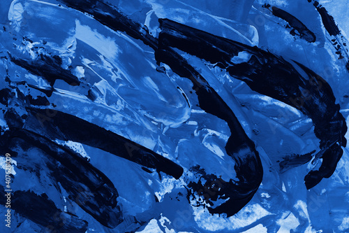 Modern contemporary acrylic background. Blue texture made with a palette knife. Abstract painting on paper. Mess on the canvas.