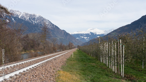 Picturesque landscape in South Tirol in autumn, in the fore a apple plantation at the railway, in the background the snow-covered mountains, blue sky with clouds, no people