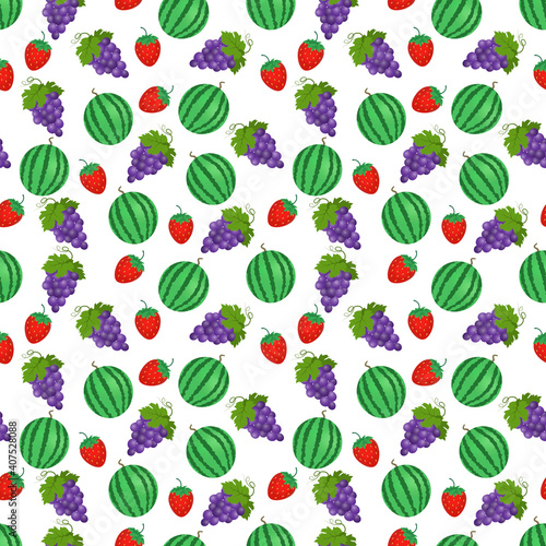 Seamless pattern of ripe and juicy watermelon, delicious grapes and sweet strawberries. This fruit design for your business projects. Ideal for fabrics and decor. Beautiful vector background.