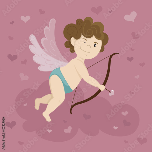 Vector illustration. Little cupid shoots love from the cloud. Valentine's day symbol. Template for your design