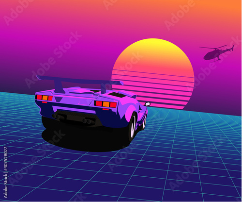 80s sports car rides in retro wave lasaer grid landscape with a striped sun on the horizon and helicopter silhouette