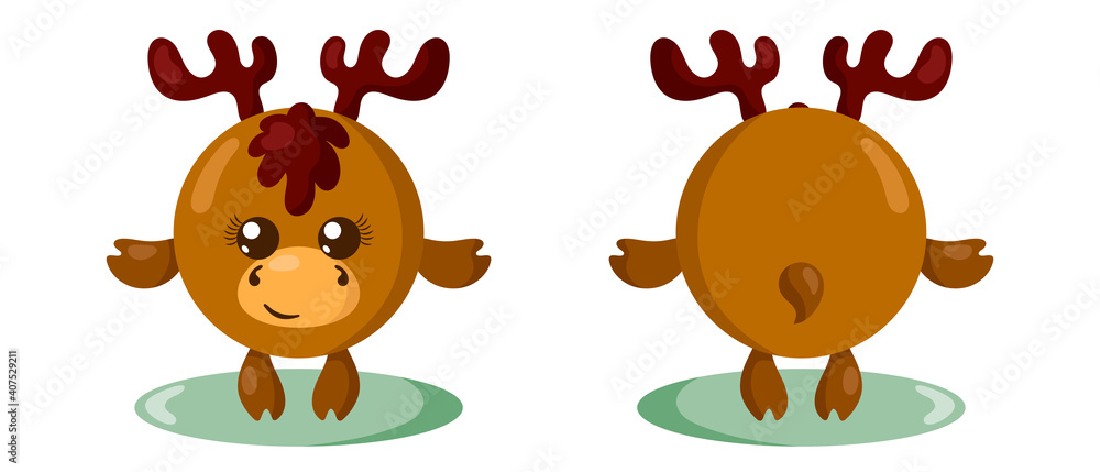 Funny cute kawaii moose with round body and hair in flat design with shadows, front and back. Isolated animal vector illustration	