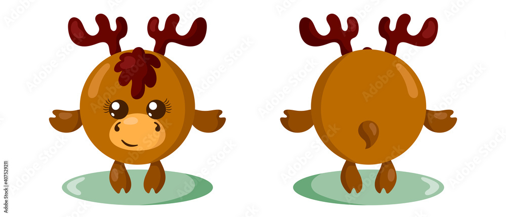 Funny cute kawaii moose with round body and hair in flat design with shadows, front and back. Isolated animal vector illustration Funny cute kawaii moose with round body and hair in flat design with shadows, front and back. Isolated animal vector illustration