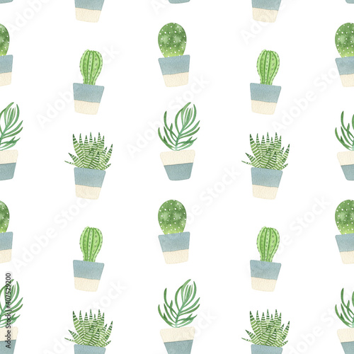 Watercolor seamless pattern with succulent and cactus. Hand drawn house plants repeat background perfect for fabric, textile, wrapping paper, planner cover and other DIY projects.