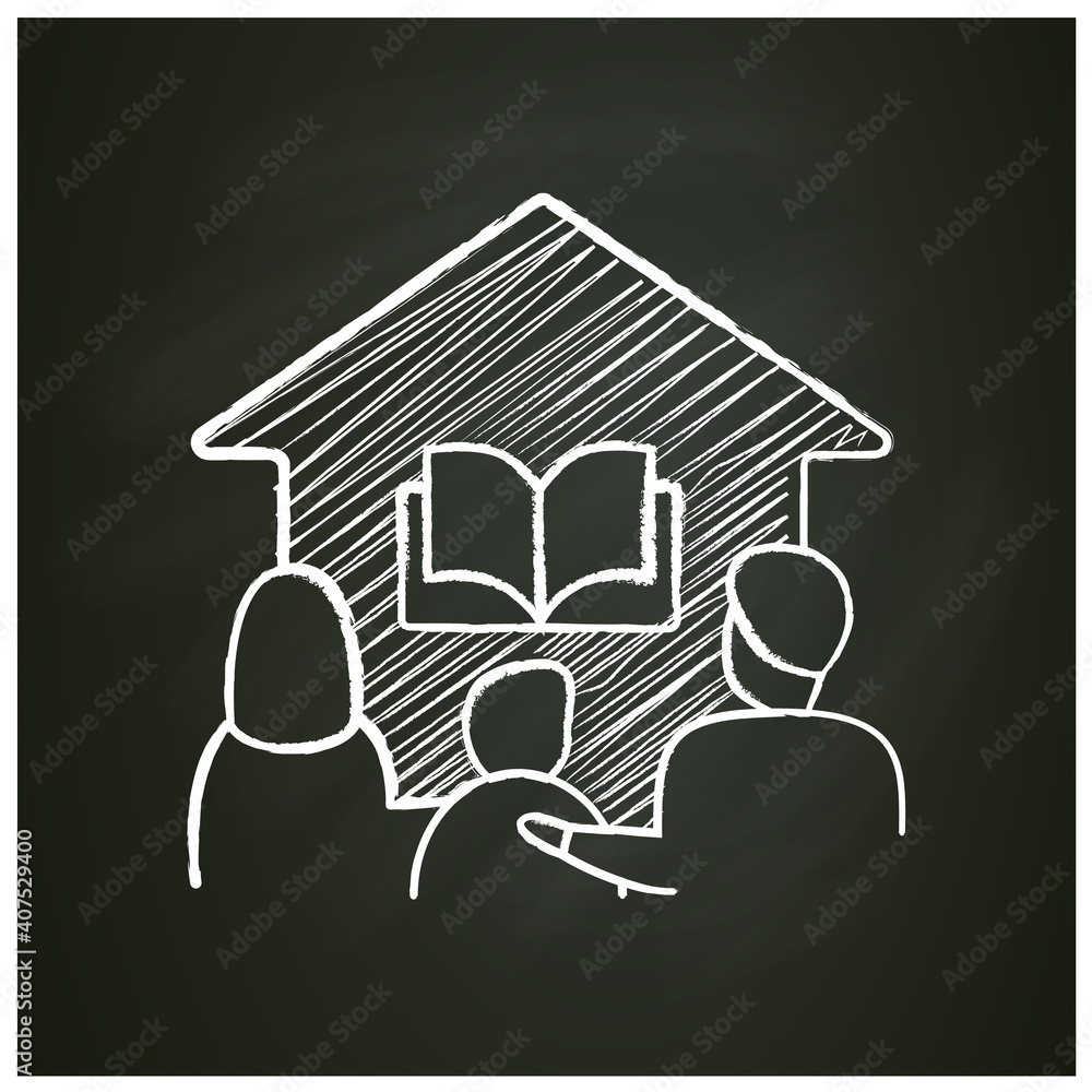Homeschooling family chalk icon. Parents and child spend more time together. Online education concept. Distant remote teaching and homeschooling. Isolated vector illustration on chalkboard Homeschooling family chalk icon. Parents and child spend more time together. Online education concept. Distant remote teaching and homeschooling. Isolated vector illustration on chalkboard