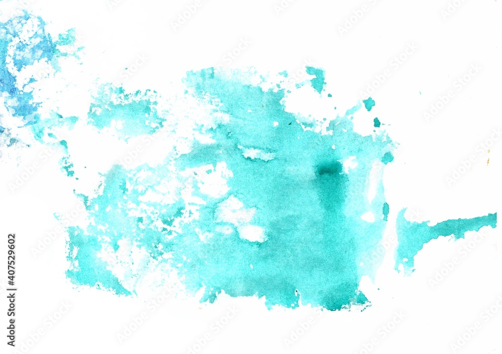 Abstract watercolor background hand-drawn. Turquoise, blue, isolated on white background.