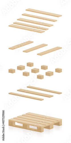 Wooden pallet components. Separate parts to construct a skid, a brand new, undamaged, intact, perfect, neat stillage. Isolated vector illustration on white background.
