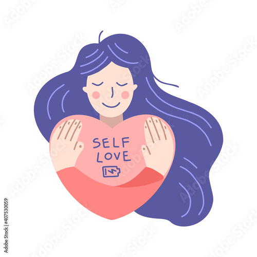 Flat cartoon vector illustration, hand drawn style. Girl hugs herself.