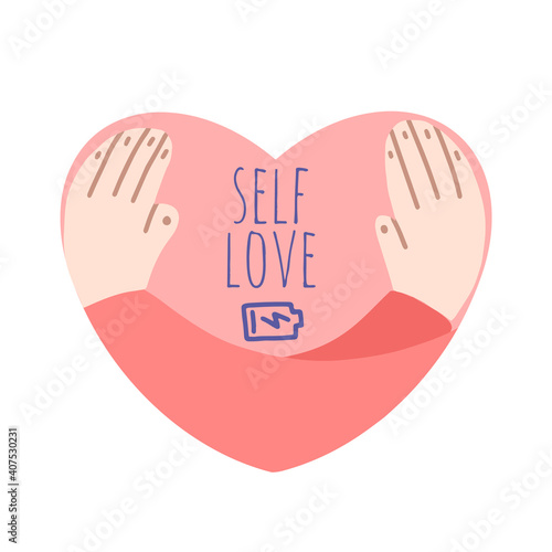 Flat cartoon vector illustration hands hug the heart, hand drawn style.