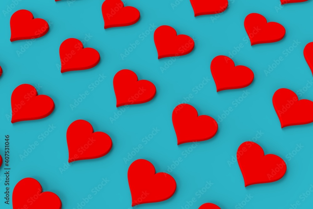 Group of red hearts on a blue background. Love concept. 3d render