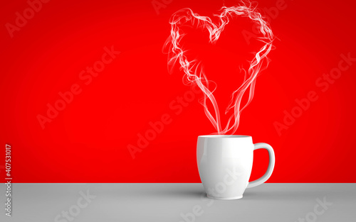 Heart made of steam coming out of a coffee or hot drink cup. Love and food concept. 3d render