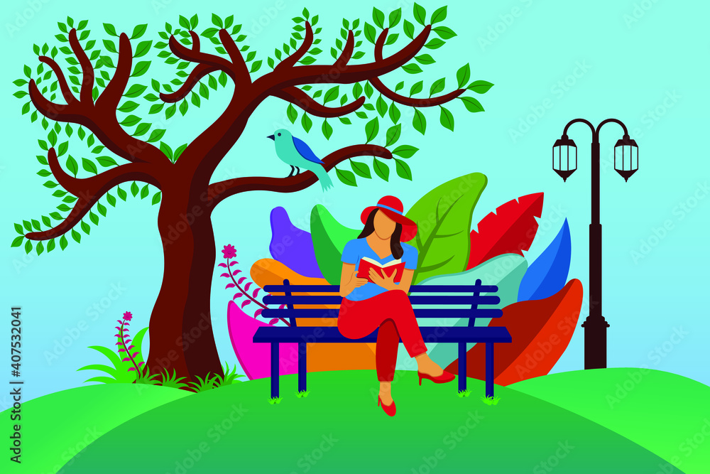 Beautiful girl sitting on the bench under the tree in a park and ...