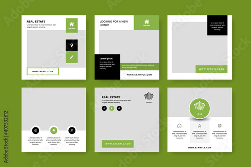 Real estate social media layouts with green elements, square web banners for selling houses, interior and exterior graphic templates