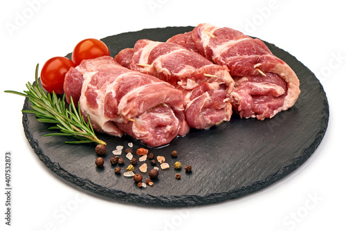 Fresh meat rolls, wrapped meat, isolated on white background