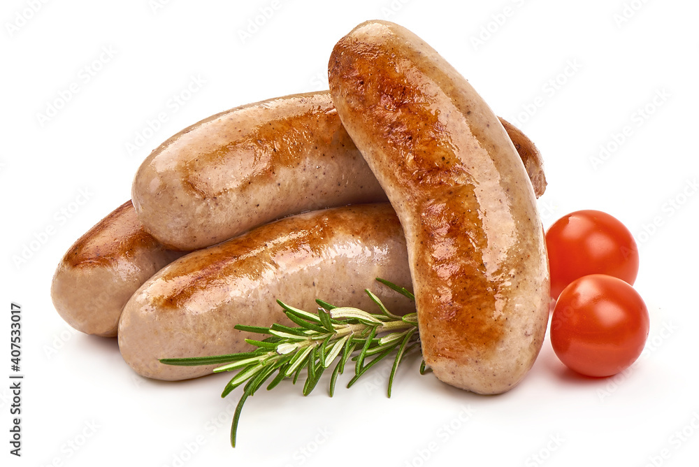 Fried sausages, close-up, isolated on white background Fried sausages, close-up, isolated on white background