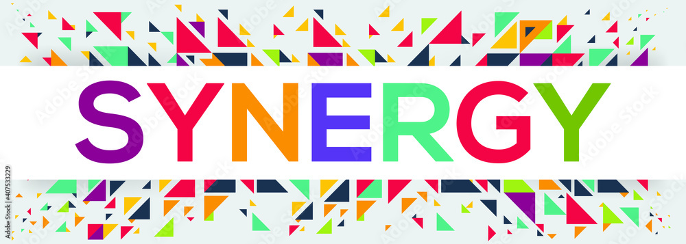 creative colorful (synergy) text design, written in English language, vector illustration.	
