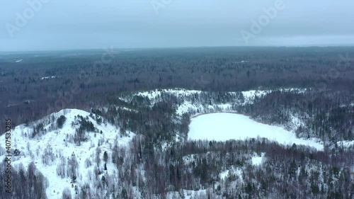 Winter mountain. Lake. Aerial view.