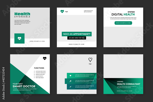 Medical social media post templates with teal background colour, modern instagram and facebook layouts for clinic or doctors