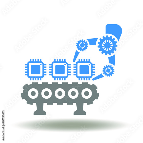 Electronics Production Industrial Symbol. Conveyor line with processor and microchip and robotic manipulator vector icon. Nanotechnology Circuit Chip Ultra Modern Electronic Manufacturing .
