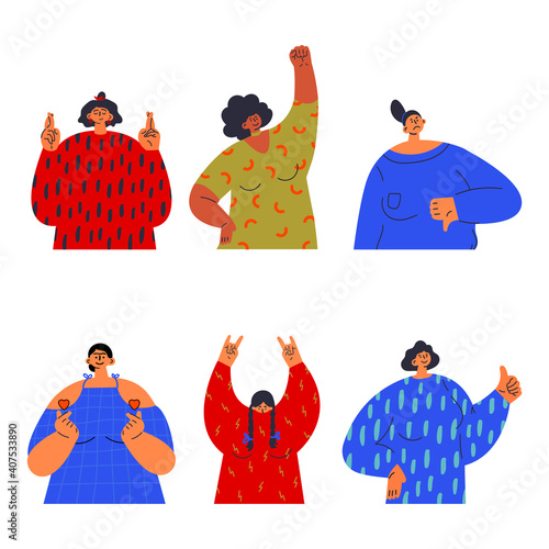 Set of different women. Women show different gestures. Feminism concept. Woman empowerment. Flat vector illustration. Colorful cartoon characters design.