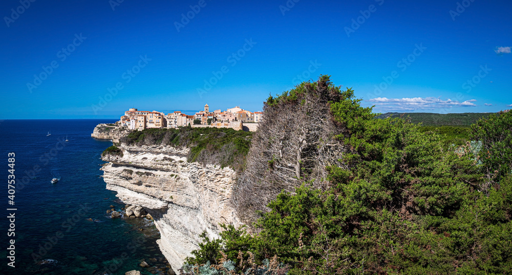 Old Town of bonifacio, dramatically siutated atop an eroding limestone promontory. Corsica, France