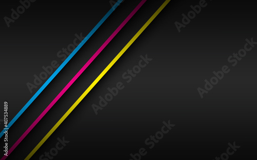 Black modern material background with overlapped layers and diagonal lines in cmyk colors. Template for your business. Vector abstract widescreen background