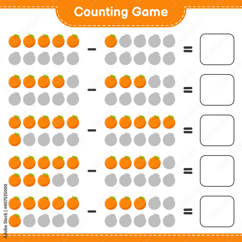 Counting game, count the number of Orange and write the result. Educational children game, printable worksheet, vector illustration