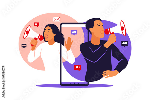 Woman and man with megaphone on screen mobile phone and young people surrounding her. Vector illustrationwith characters - influence blogger promotion services and goods for his followers online.