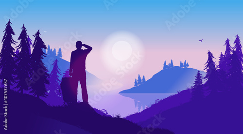 Watching the landscape - Man looking at nature and sunrise in purple scenery. Beauty in nature concept. Vector illustration. © Knut