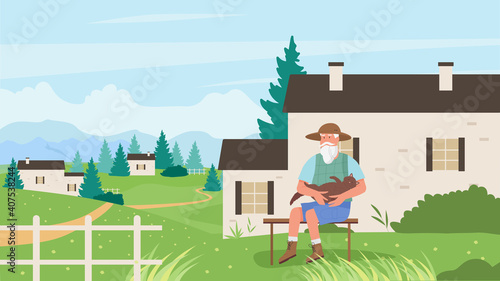 Old man with pet cat vector illustration. Cartoon elderly senior male character sitting on bench outdoor in house garden or park, hugging own kitten, relax with cat animal in summer nature background