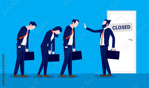 Closed businesses and unemployment - Businessman holding back people looking for work. No jobs available concept. Vector illustration.