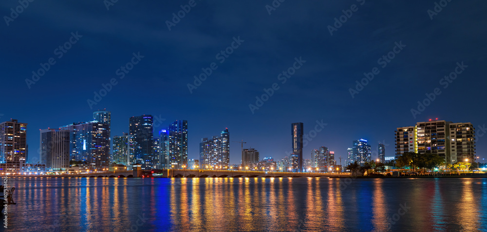 Miami night. Panoramic view of Miami skyline and coastline.