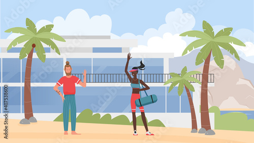 People on summer travel vacation vector illustration. Cartoon man woman friends characters waving, standing on tropical island beach with palm trees and resort hotel, happy friendship scene background