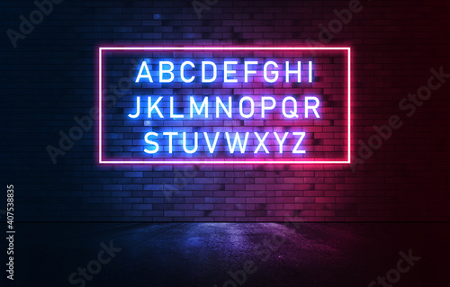 Neon light alphabet on  iluminated brick wall.