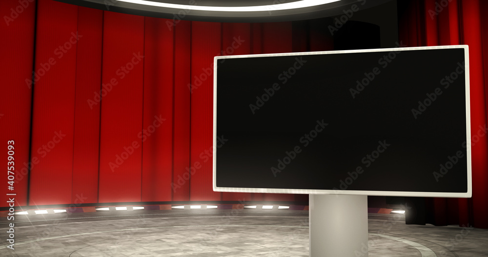 Ilustrace „Theatrical TV show virtual studio set with an empty screen  monitor. A photo realistic 3D render, Ideal for virtual tracking system  sets, with green screen“ ze služby Stock | Adobe Stock