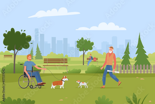 People walk with pets dogs in summer city park vector illustration. Cartoon disabled man in wheelchair and elderly senior character walking with doggy animals, urban park cityscape scene background