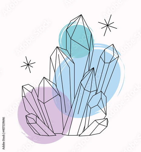 Vector bright linart sketch blue, green and violet quartz crystals. Pixiecore and fairycore.