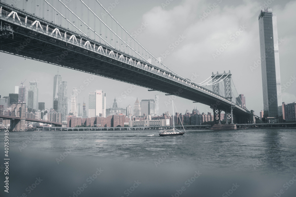 City bridge and city skyline in New York