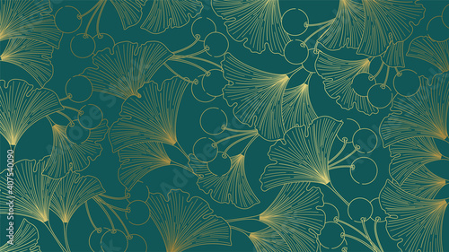 Luxury elegant lineart background golden leaves and ginko berries on an emerald green background.