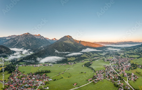 Aerial view of German Village Bad Oberdorf at sunrise near Zugspitze and austria border photo