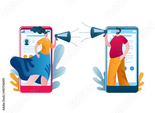 A woman and a man use their phones to yell at each other through a megaphone. Vector illustration on the topic of conflicts in social networks.