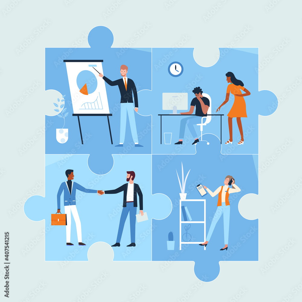 People work in office vector illustration. Cartoon man woman business workers characters working, meeting and communicating inside connected puzzle jigsaw pieces, business communication background People work in office vector illustration. Cartoon man woman business workers characters working, meeting and communicating inside connected puzzle jigsaw pieces, business communication background