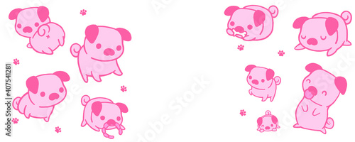 Photography Pink pug dogs and paw prints in kawaii japanese drawing style and mug design with central text space