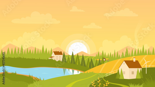 Rural landscape with sunrise vector illustration. Cartoon scenery with farm houses on green grassland hills, path among farmland fields, summer nature and sun over horizon, pastoral scene background