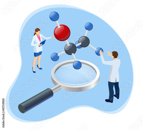Isometric Doctor Team While Working Analysis Lab, Chemical Laboratory Science. Research Teams in Chemistry Experiments, Health Sciences, Life Sciences. Laboratory and Development Concept