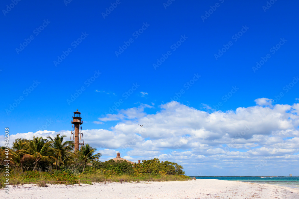 Old lighthouse of Sanibel Island and beach