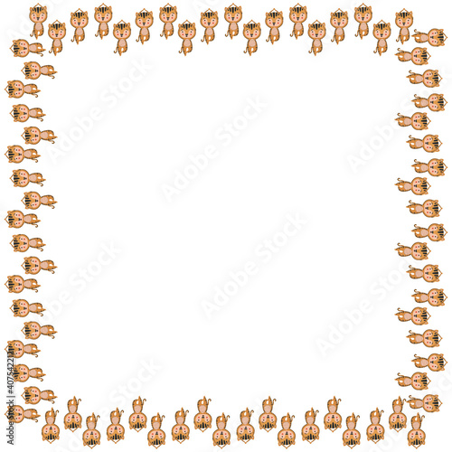 Children's cartoon square frame of cute little joyful tiger cubs in yoga asanas Vrikshasana tree pose on white background. The blank template for the text of sporty ginger cats. Vector.