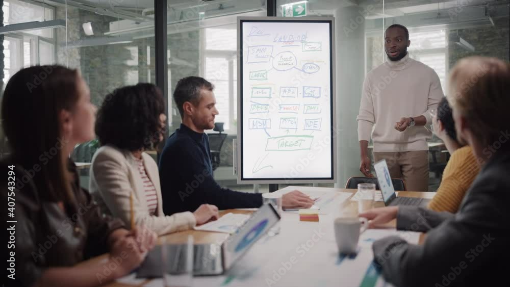 Project Manager Makes a Presentation for a Young Diverse Creative Team in Meeting Room in an Agency. Colleagues Sit Behind Conference Table and Discuss Business Development, User Interface and Design. Project Manager Makes a Presentation for a Young Diverse Creative Team in Meeting Room in an Agency. Colleagues Sit Behind Conference Table and Discuss Business Development, User Interface and Design.