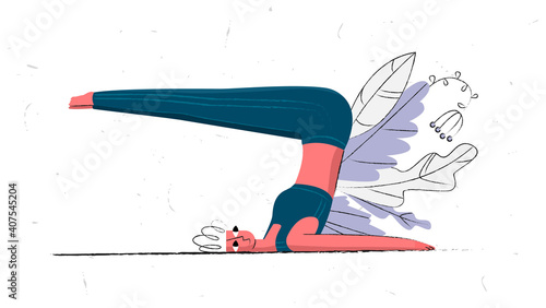 Vector flat illustration with young woman who performs Pilates exercises, leg stretches, abs. Concept healthy, active lifestyle. Background in form of craft paper, botanical elements.