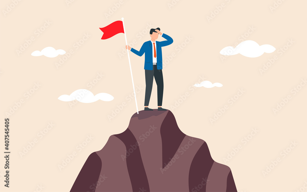 Business goal achievement, success career development or motivation and work or project accomplishment concept, confidence businessman standing proudly with flag on high mountain peak up hill. Business goal achievement, success career development or motivation and work or project accomplishment concept, confidence businessman standing proudly with flag on high mountain peak up hill.